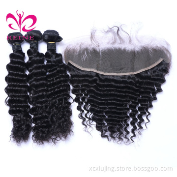 REINE  wholesale 10a grade peruvian / Cambodian virgin deep wave with frontal ,  human hair bundles vendors with lace closure